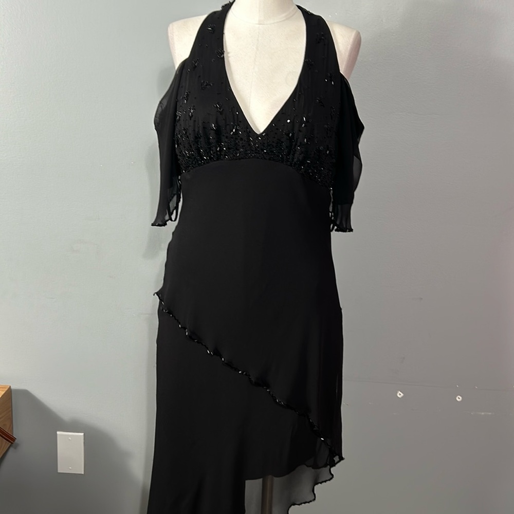 Marina Black Chiffon Beaded Cocktail Dress Halter Neck